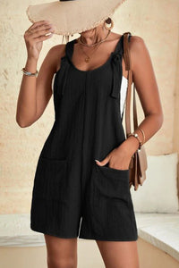 Rose Shoulder Strap Pocket Textured Romper