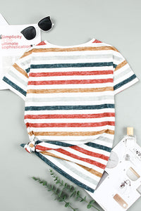 Multicolor Stripes Print Short Sleeve Casual V Neck T Shirt