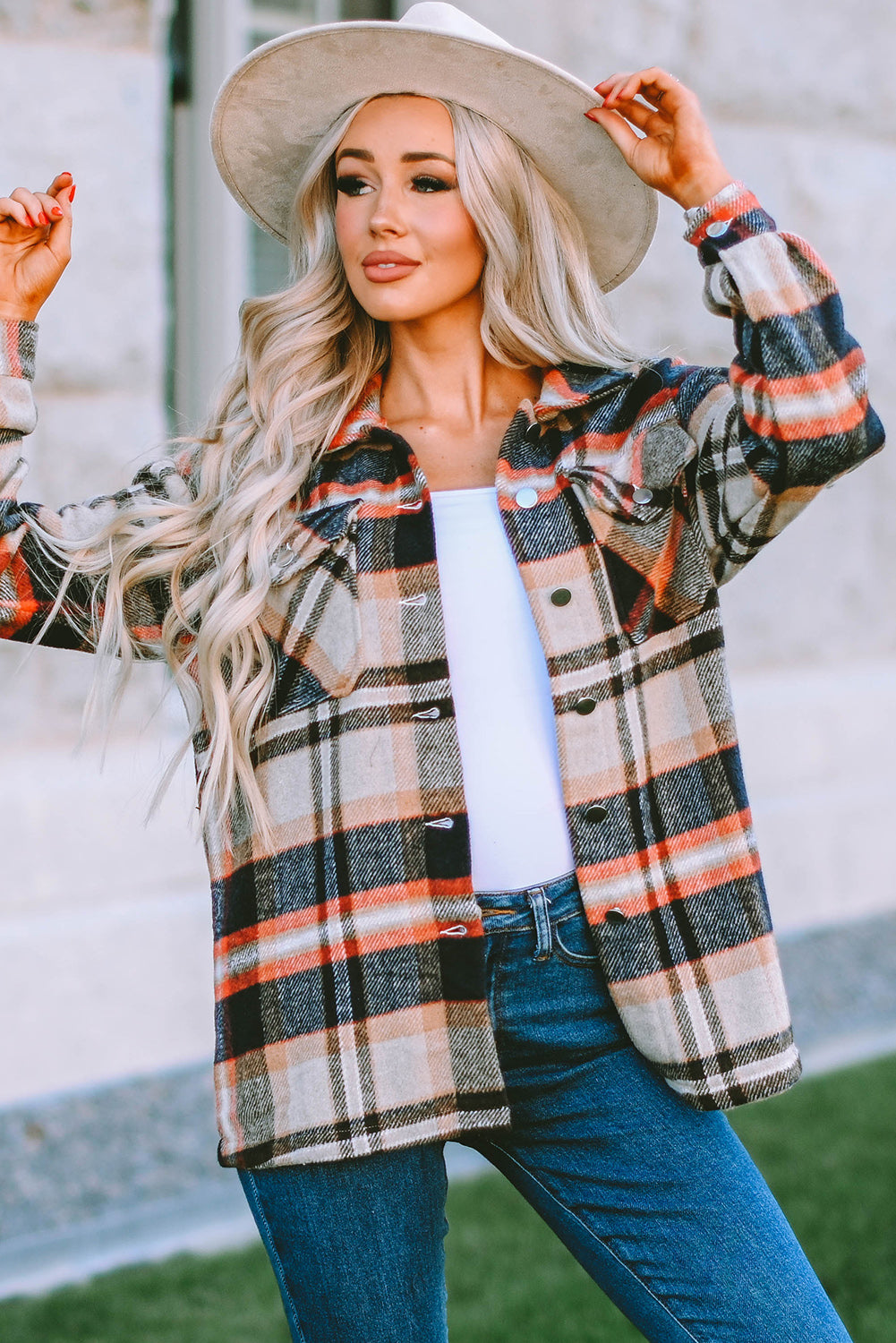 Khaki Plaid Print Casual Button Up Pocket Shirt