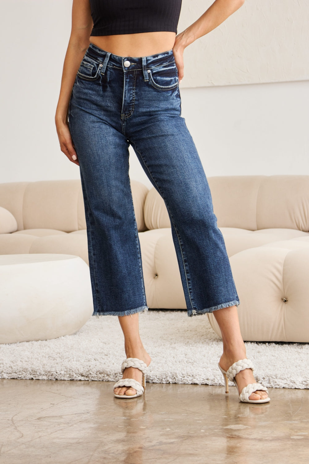 High Waist Raw Hem Distressed Jeans