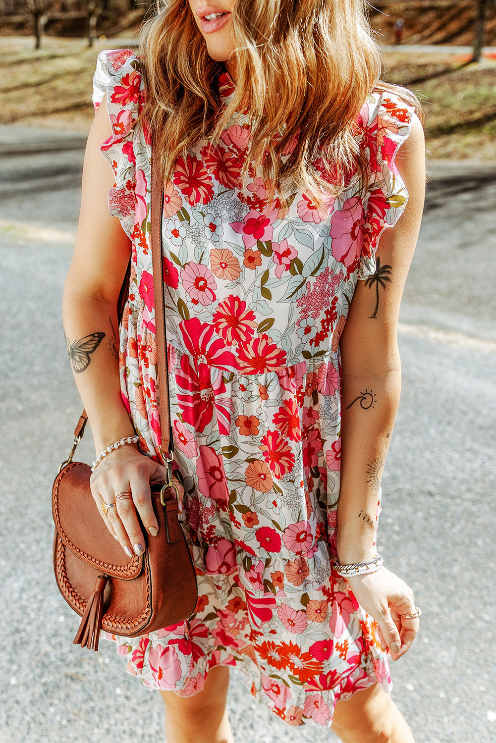 Ruffled Printed Mock Neck Dress