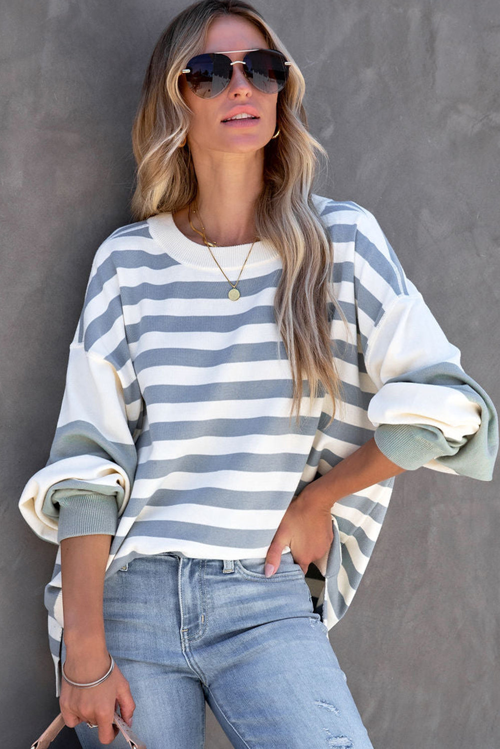 Striped Colorblock Casual Drop Shoulder Sweatshirt