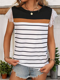 Lace Detail Striped Round Neck Cap Sleeve T-Shirt