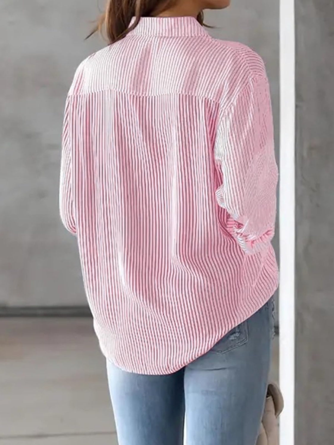 Striped Collared Neck Long Sleeve Blouse