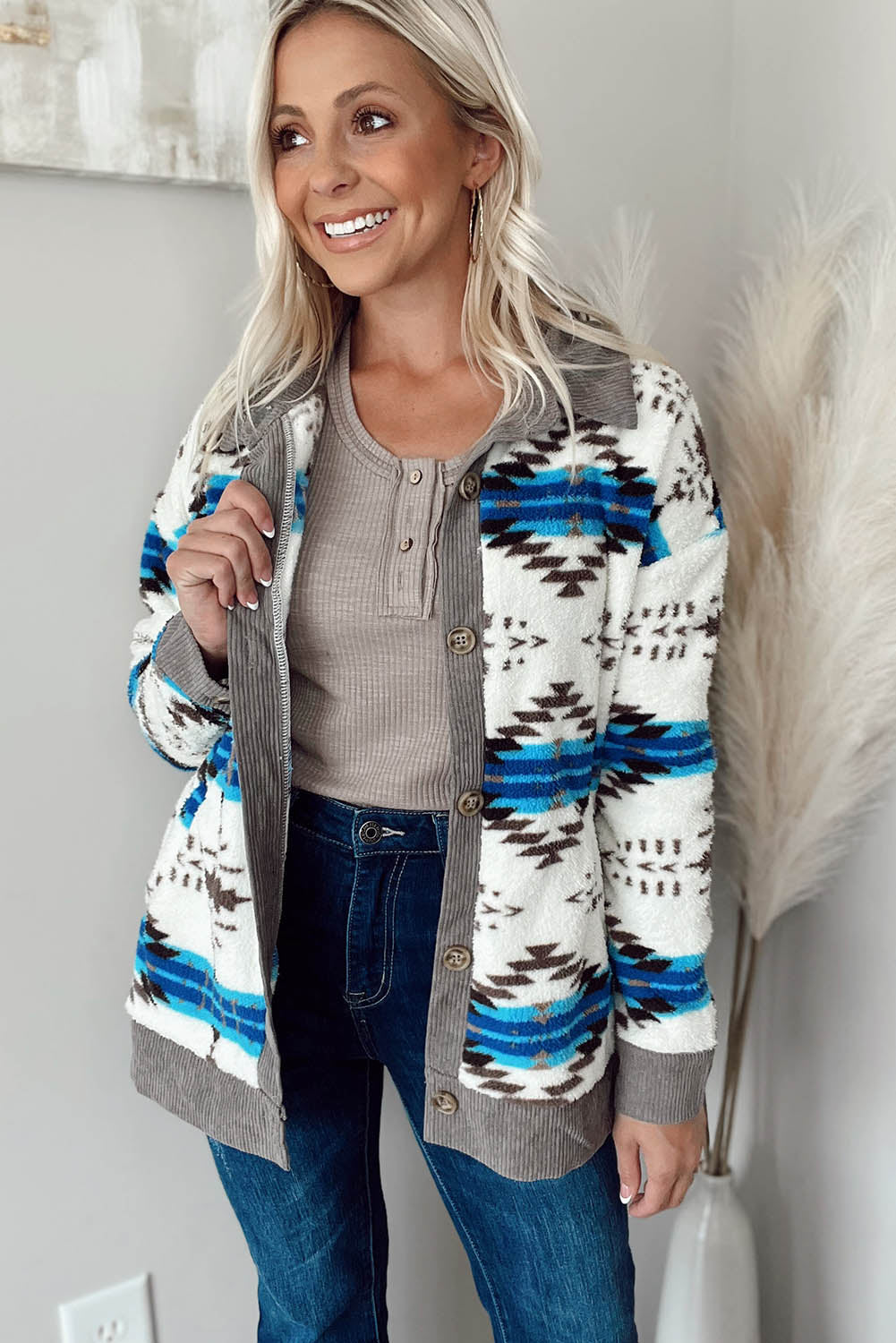 White Geometric Sherpa Corduroy Trim Jacket