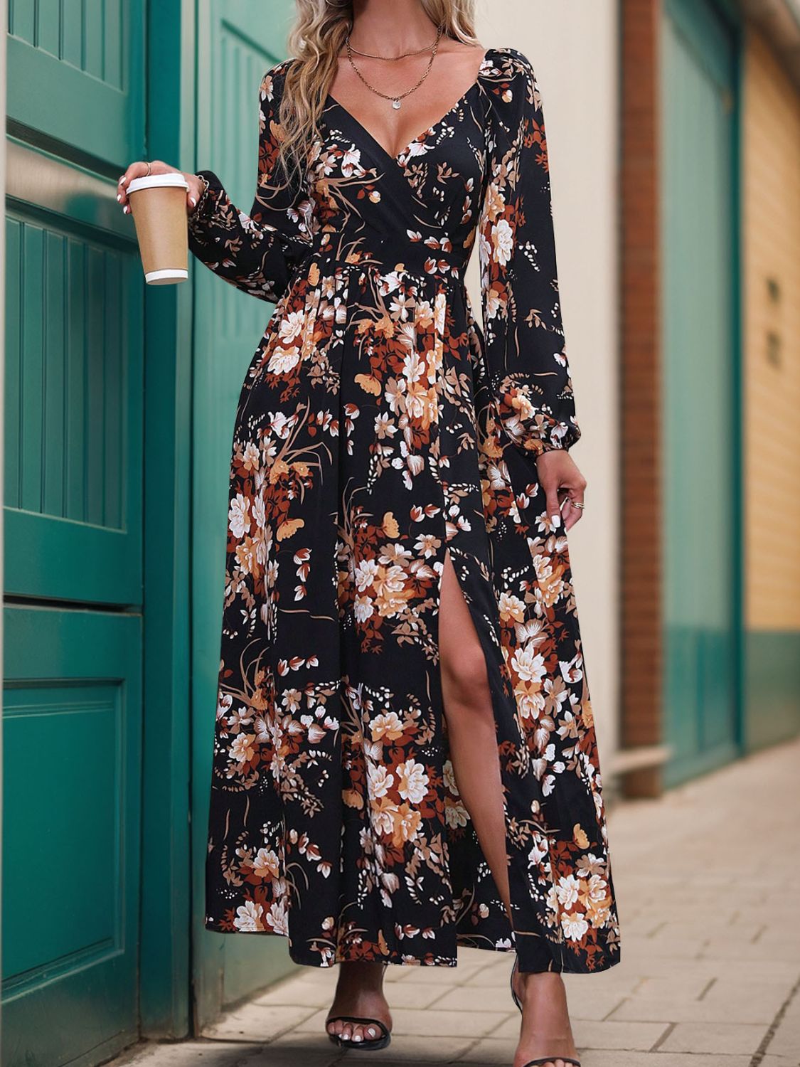 Slit Surplice Long Sleeve Maxi Dress