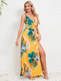 Slit Tied Printed Surplice Dress