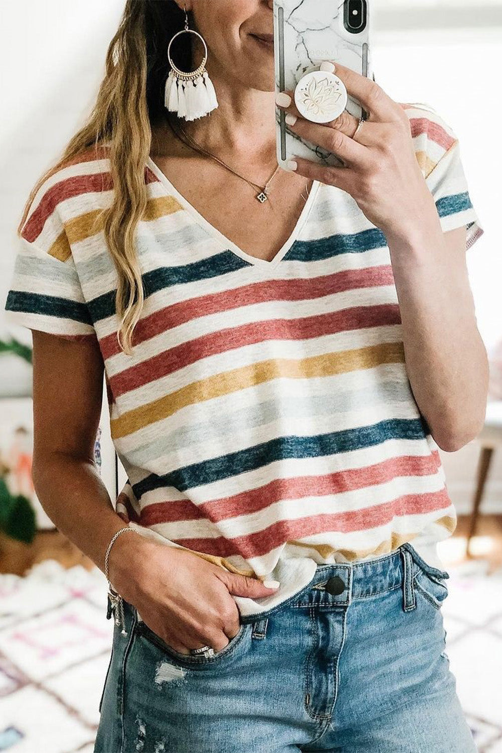 Multicolor Stripes Print Short Sleeve Casual V Neck T Shirt