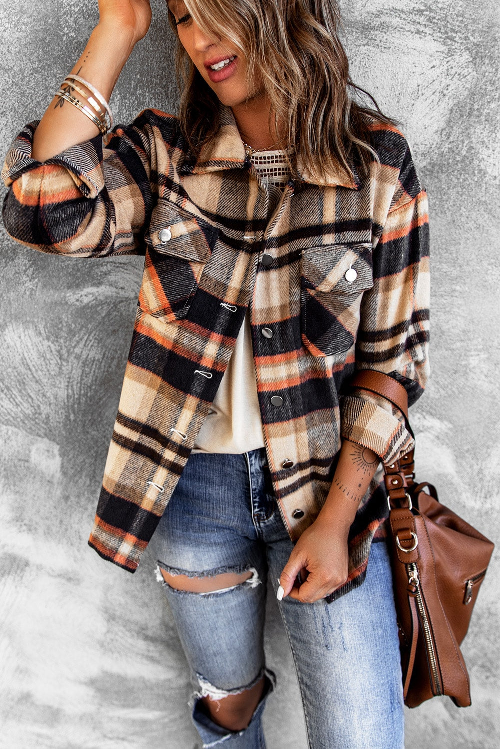 Khaki Plaid Print Casual Button Up Pocket Shirt