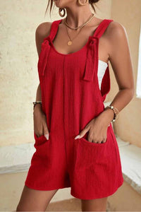 Rose Shoulder Strap Pocket Textured Romper