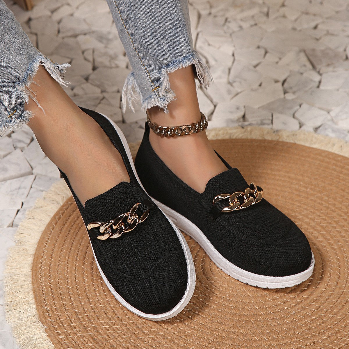 Chain Trim Round Toe Slip-Ons