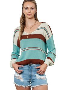 Coffee Striped Knit V Neck Drop Shoulder Sweater