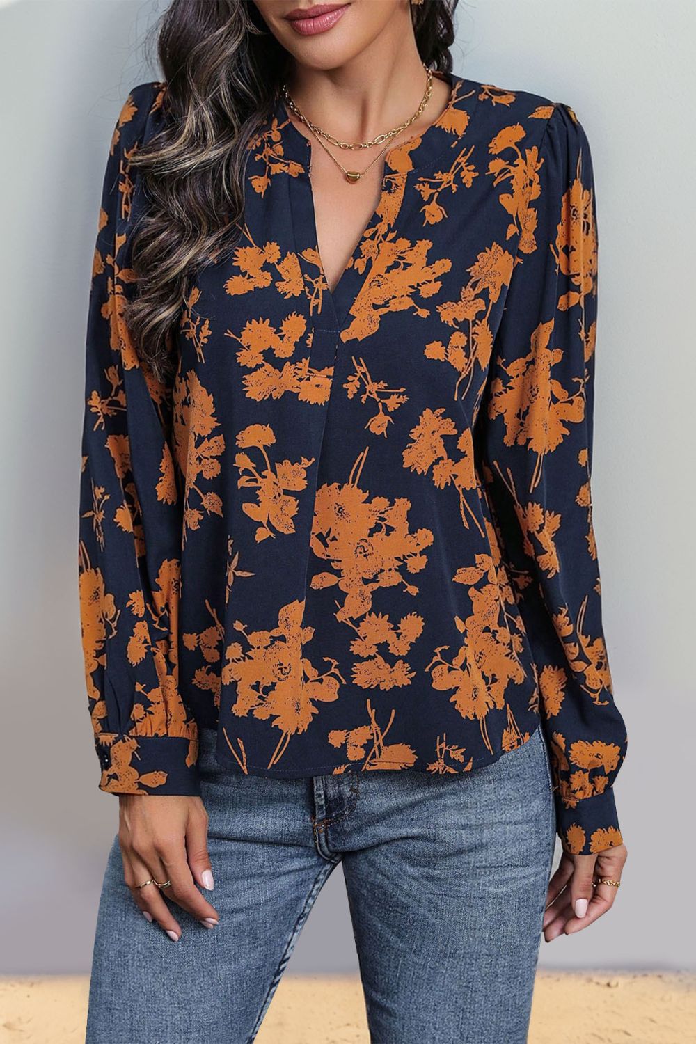 Notched Long Sleeve Blouse