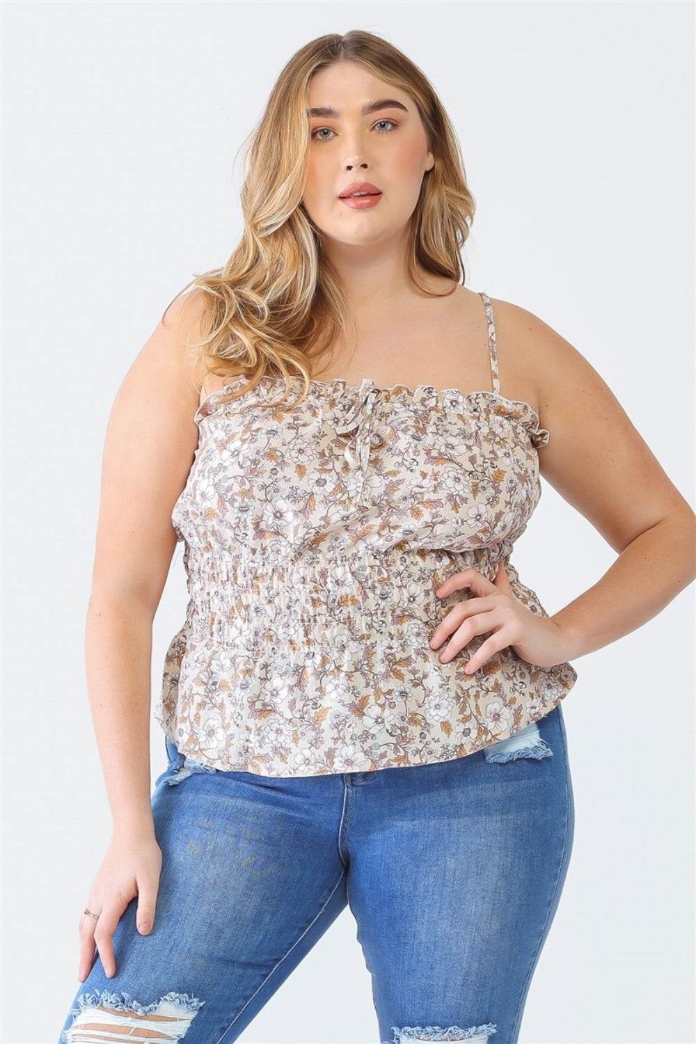 Camisola con cuello cuadrado y estampado floral con volantes