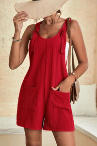 Rose Shoulder Strap Pocket Textured Romper