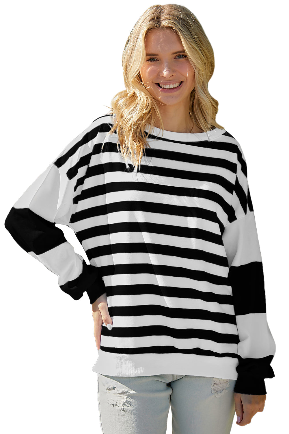 Striped Colorblock Casual Drop Shoulder Sweatshirt