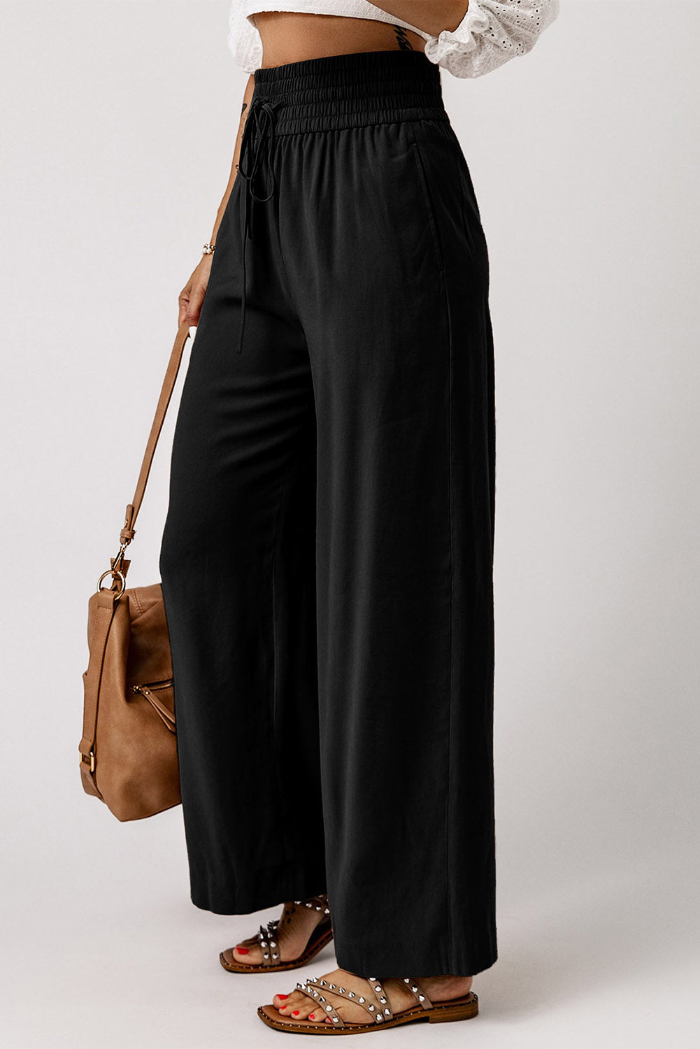 Brown Casual Drawstring Wide Leg Pants