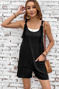 Rose Shoulder Strap Pocket Textured Romper