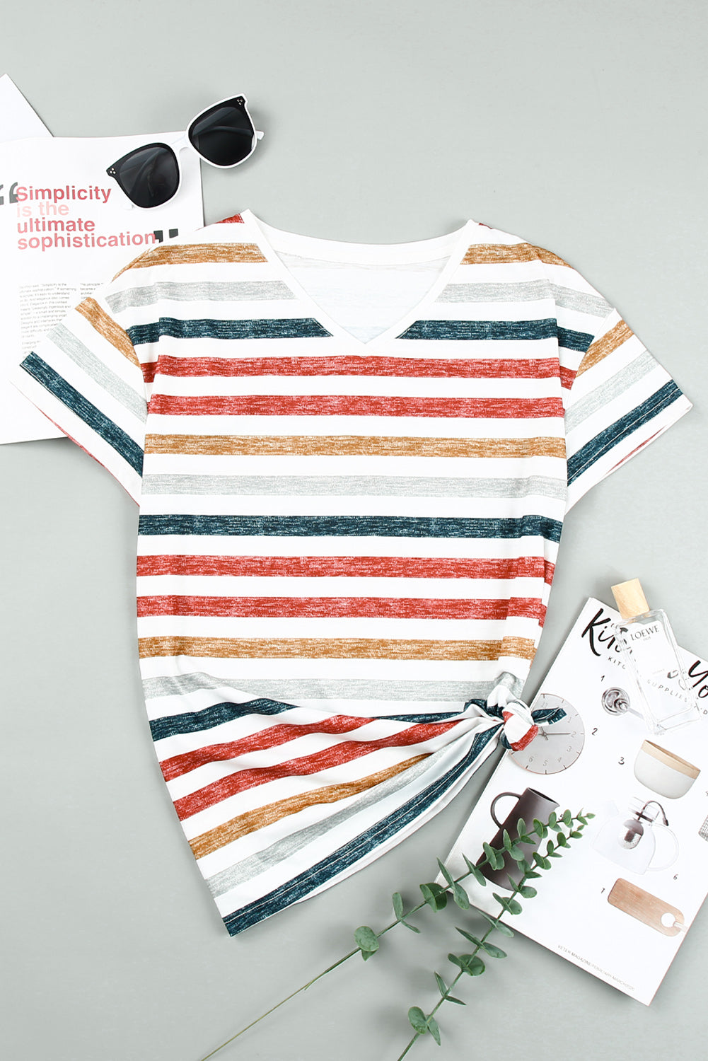 Multicolor Stripes Print Short Sleeve Casual V Neck T Shirt