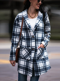 Shiny Plaid Shawl Collar Coat with Pockets