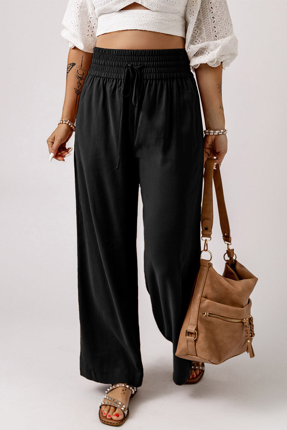 Brown Casual Drawstring Wide Leg Pants