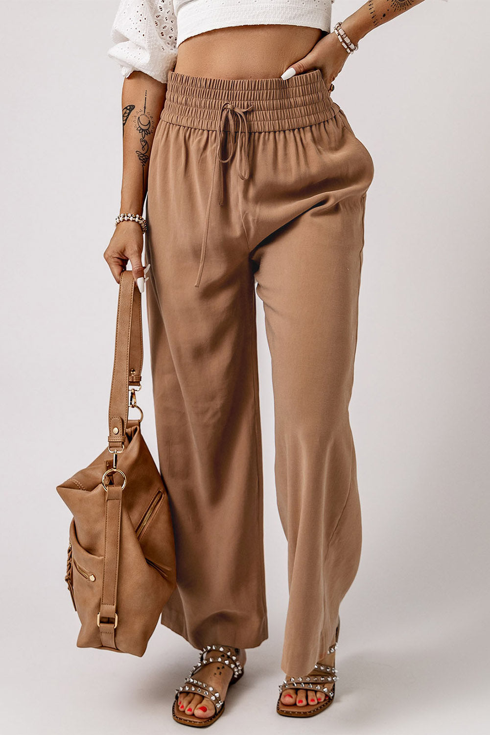 Brown Casual Drawstring Wide Leg Pants