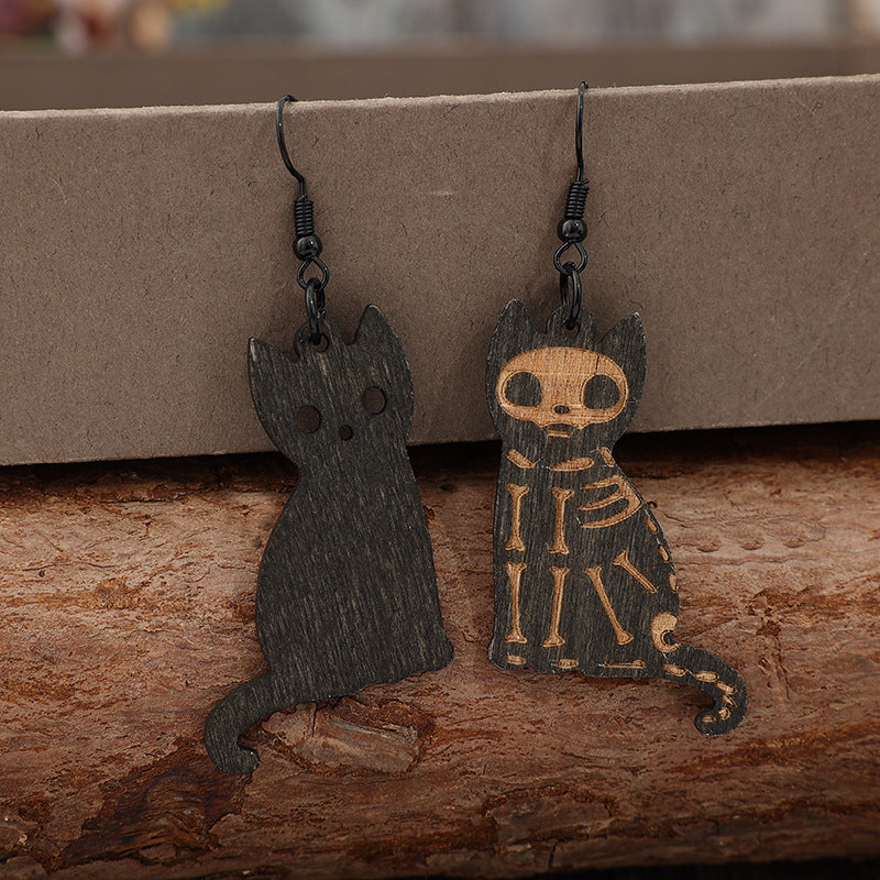 Hook Wooden Skeleton Cat Earrings