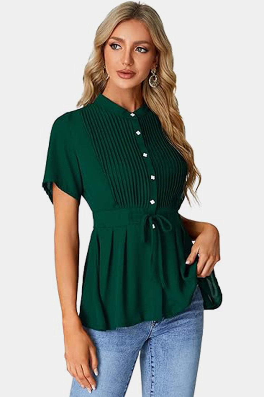 Blusa de manga corta con cuello redondo anudada