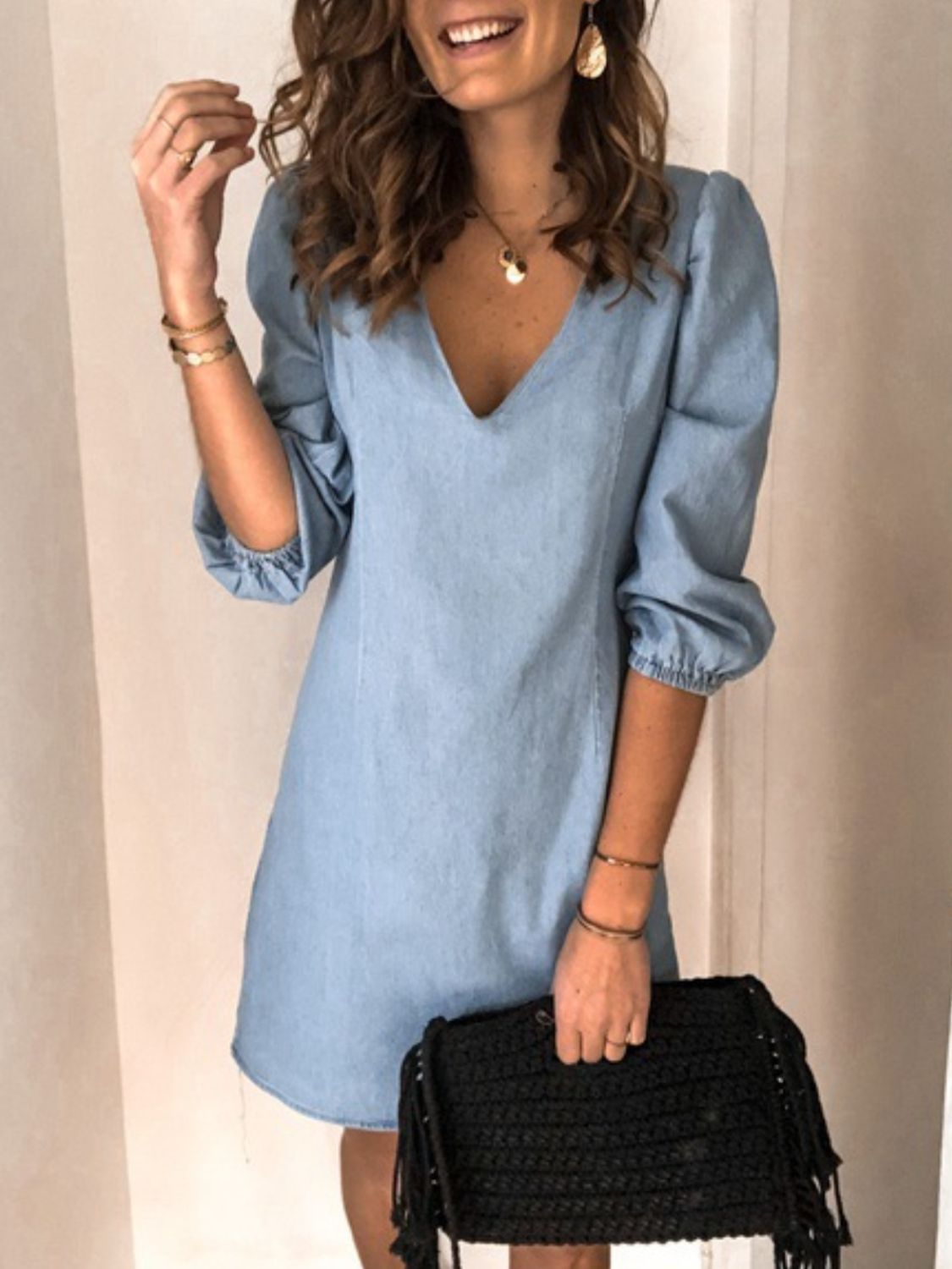 Full Size V-Neck Half Sleeve Denim Dress