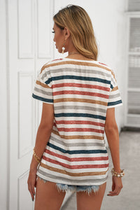 Multicolor Stripes Print Short Sleeve Casual V Neck T Shirt