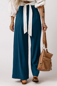 Brown Casual Drawstring Wide Leg Pants