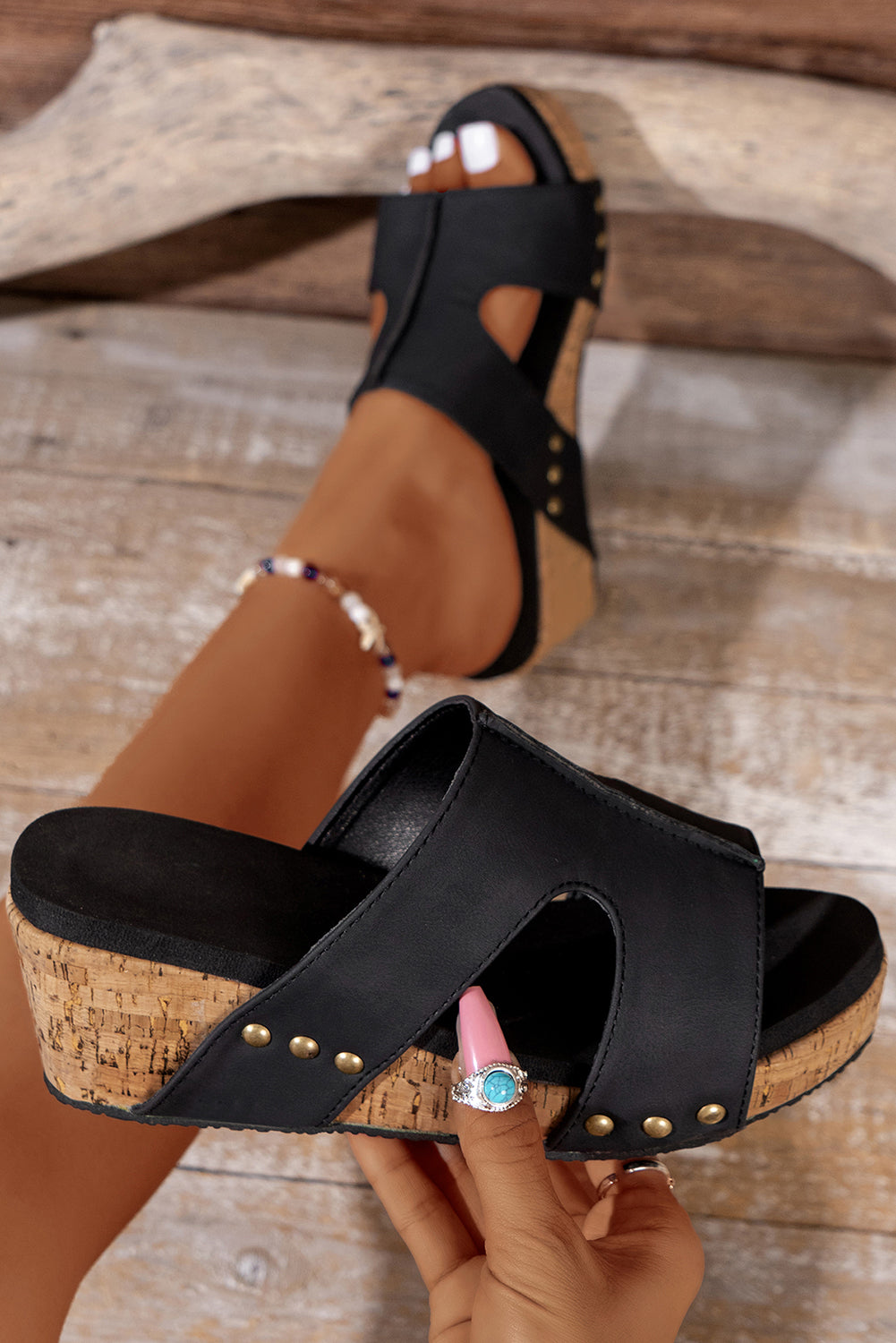 Black Cut Out Rivet Slip-on Wedges