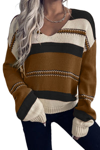 Coffee Striped Knit V Neck Drop Shoulder Sweater