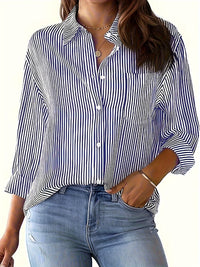 Striped Collared Neck Long Sleeve Blouse