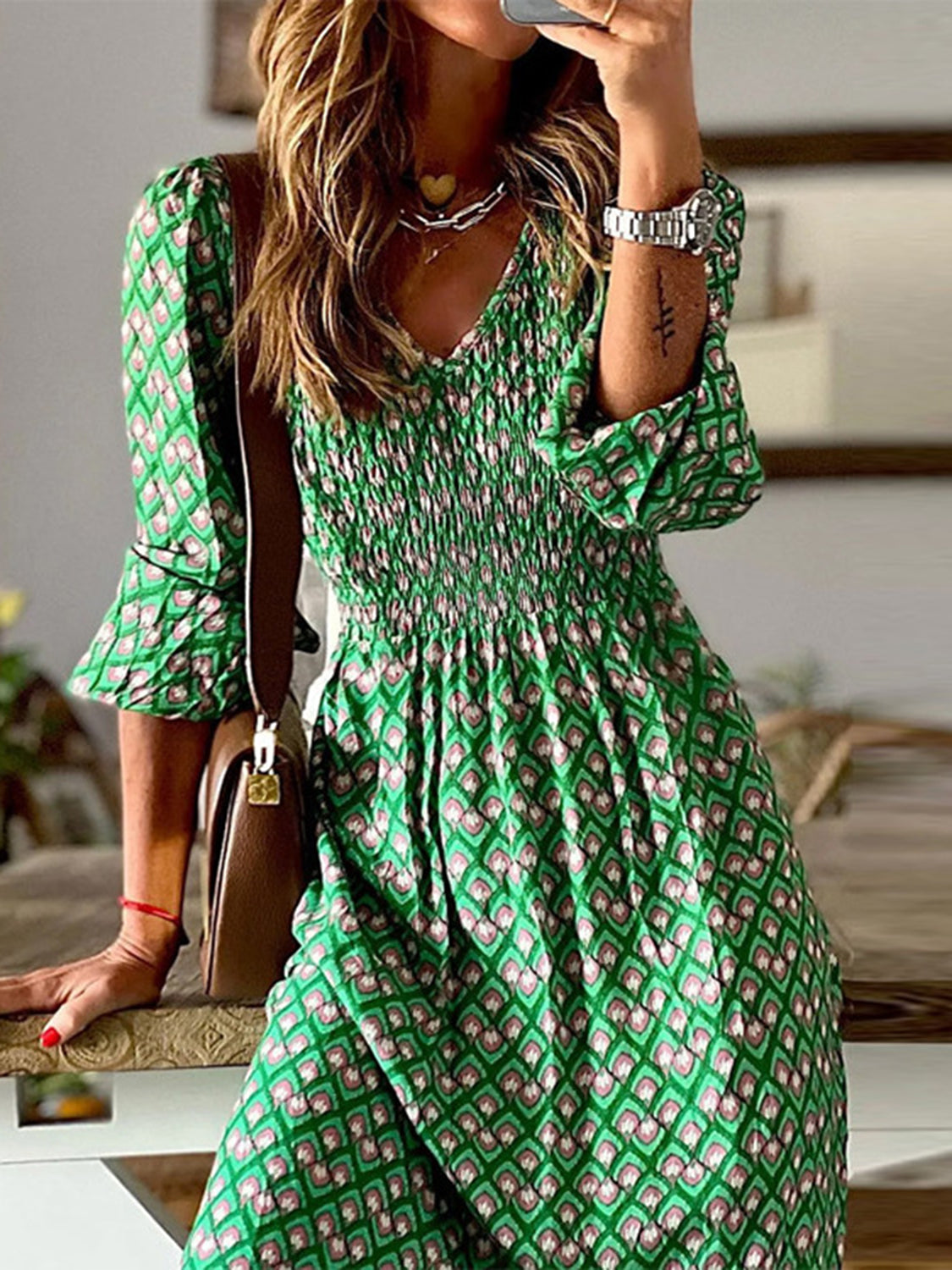 Smocked V-Neck Midi Dress