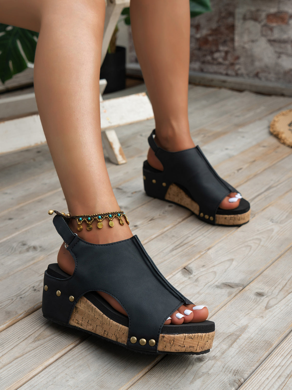 Black Vintage Leather Stitching Studded Wedge Sandals