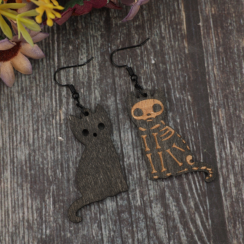 Hook Wooden Skeleton Cat Earrings