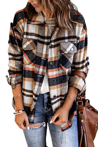 Khaki Plaid Print Casual Button Up Pocket Shirt