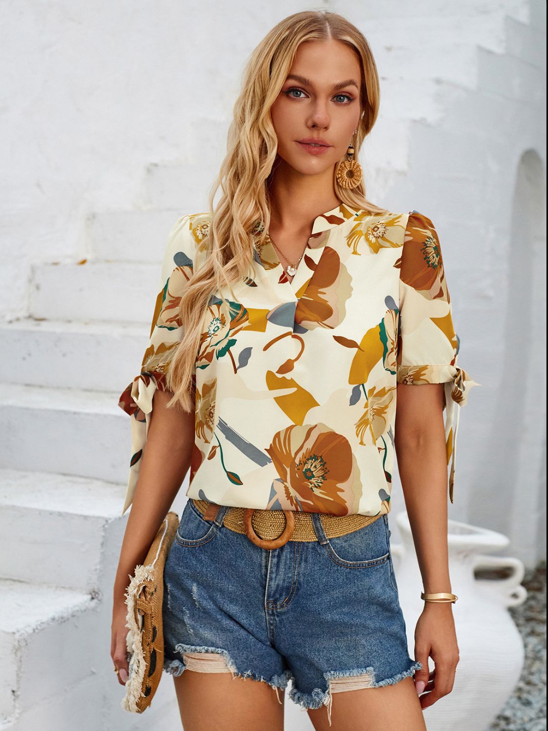 Tied Notched Short Sleeve Blouse