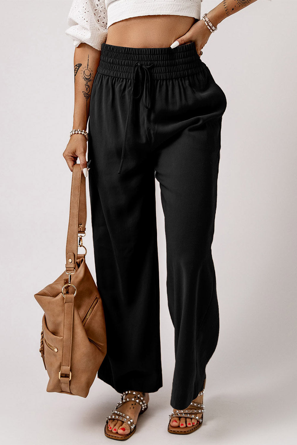 Brown Casual Drawstring Wide Leg Pants