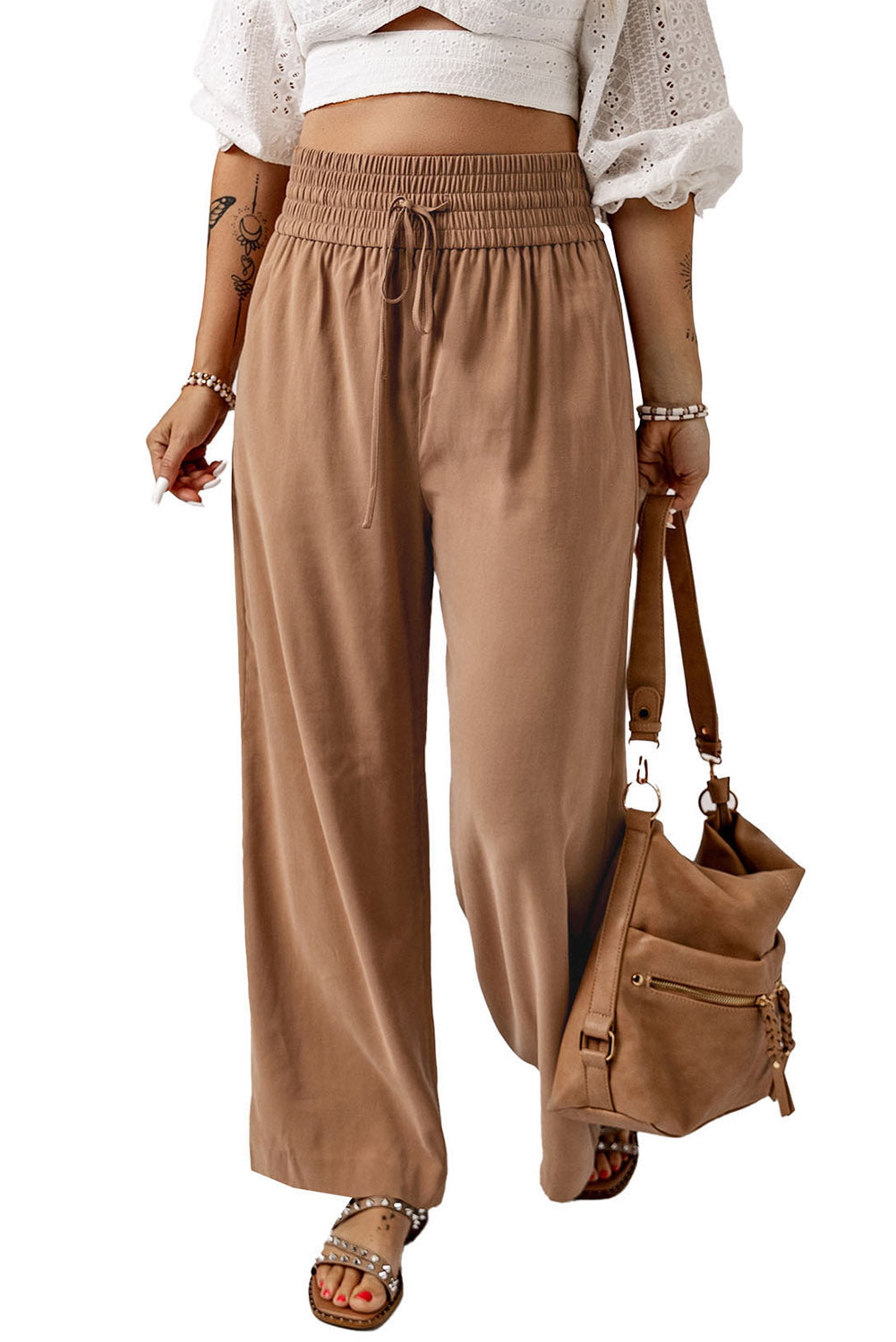 Brown Casual Drawstring Wide Leg Pants