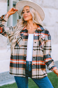 Khaki Plaid Print Casual Button Up Pocket Shirt