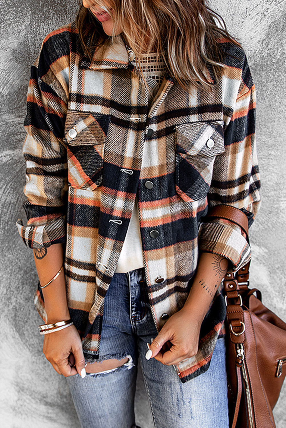 Khaki Plaid Print Casual Button Up Pocket Shirt