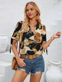 Tied Notched Short Sleeve Blouse