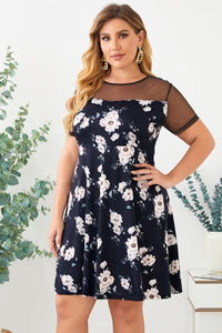 Plus Size Floral Polka Dot Mesh Yoke Dress