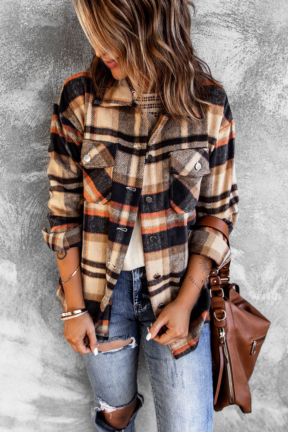 Khaki Plaid Print Casual Button Up Pocket Shirt