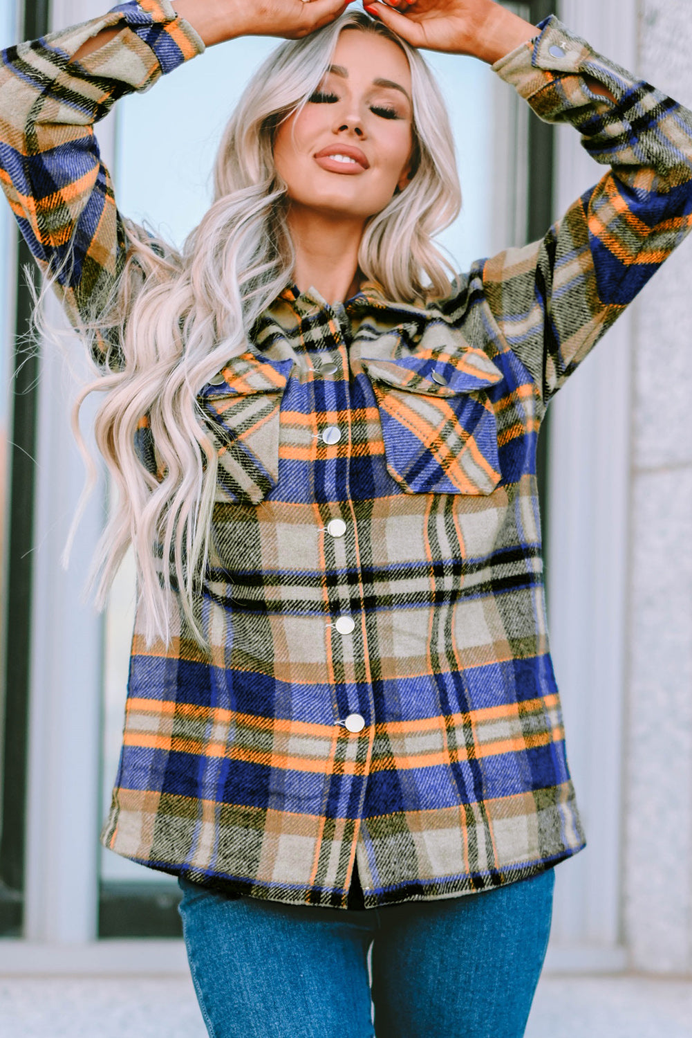 Khaki Plaid Print Casual Button Up Pocket Shirt