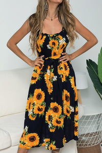 Smocked Sunflower Printed Sleeveless Cami Dress