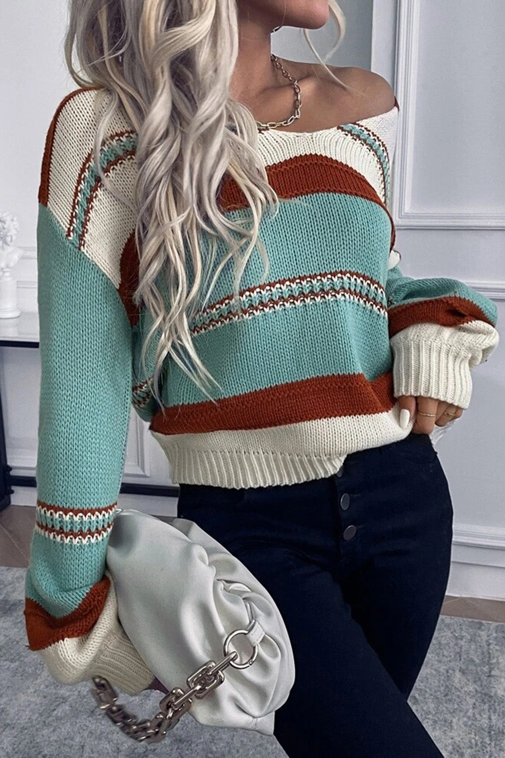 Coffee Striped Knit V Neck Drop Shoulder Sweater