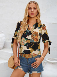 Tied Notched Short Sleeve Blouse